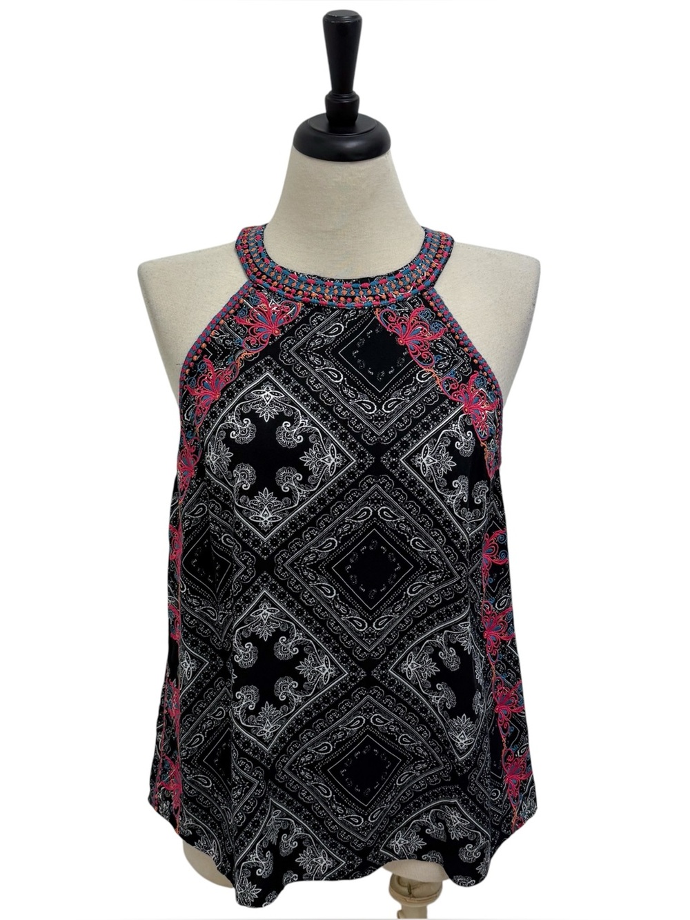Savanna Jane Black White Bandana Pattern Sleeveless Embroidered Halter Top New M